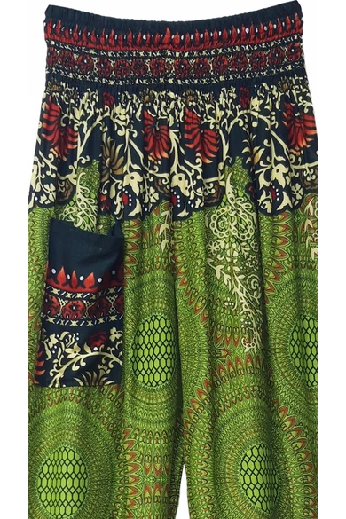 bőszárú, zsebes, jázmin, nadrág, gumis, derekú, olíva, zöld, krém, színes, levél, inda, mandala, mintás, viszkóz, pamut, lezser, női divat, trend, bohém, elegáns, egyedi, különleges, szellős, kényelmes