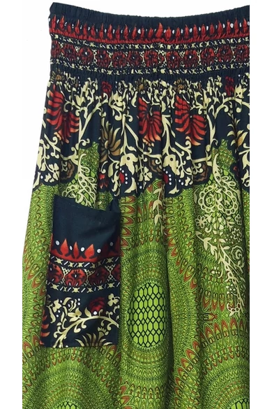 bőszárú, zsebes, jázmin, nadrág, gumis, derekú, olíva, zöld, krém, színes, levél, inda, mandala, mintás, viszkóz, pamut, lezser, női divat, trend, bohém, elegáns, egyedi, különleges, szellős, kényelmes