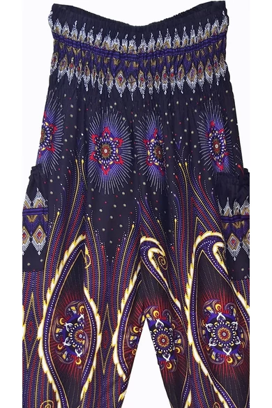 bőszárú, zsebes, jázmin, nadrág, gumis, derekú, kék, sötétkék, krém, levél, mintás, viszkóz, lezser, női divat, trend, bohém, elegáns, egyedi, különleges, szellős, kényelmes