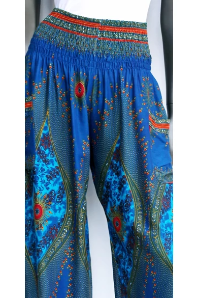 bőszárú, zsebes, jázmin, nadrág, gumis, derekú, kék, azúr, lila, színes, virágos, viszkóz, pamut, lezser, női divat, trend, bohém, elegáns, egyedi, különleges, szellős, kényelmes