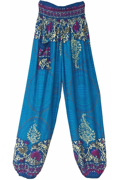 bőszárú, zsebes, jázmin, nadrág, gumis, derekú, türkiz, kék, krém, színes, levél, inda, mandala, mintás, viszkóz, pamut, lezser, női divat, trend, bohém, elegáns, egyedi, különleges, szellős, kényelmes