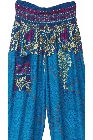 bőszárú, zsebes, jázmin, nadrág, gumis, derekú, türkiz, kék, krém, színes, levél, inda, mandala, mintás, viszkóz, pamut, lezser, női divat, trend, bohém, elegáns, egyedi, különleges, szellős, kényelmes