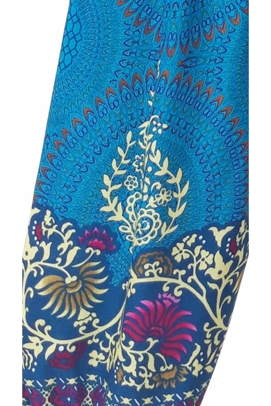 bőszárú, zsebes, jázmin, nadrág, gumis, derekú, türkiz, kék, krém, színes, levél, inda, mandala, mintás, viszkóz, pamut, lezser, női divat, trend, bohém, elegáns, egyedi, különleges, szellős, kényelmes