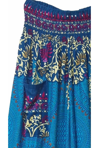 bőszárú, zsebes, jázmin, nadrág, gumis, derekú, türkiz, kék, krém, színes, levél, inda, mandala, mintás, viszkóz, pamut, lezser, női divat, trend, bohém, elegáns, egyedi, különleges, szellős, kényelmes