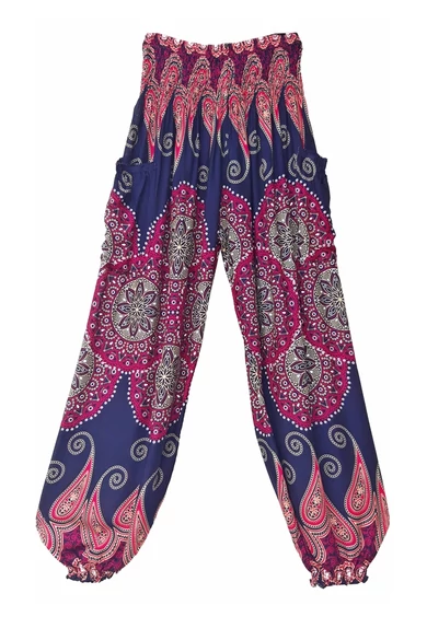 bőszárú, zsebes, jázmin, nadrág, gumis, derekú, kék, pink, színes, levél, mandala, mintás, viszkóz, pamut, lezser, női divat, trend, bohém, elegáns, egyedi, különleges, szellős, kényelmes