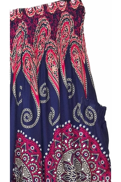 bőszárú, zsebes, jázmin, nadrág, gumis, derekú, kék, pink, színes, levél, mandala, mintás, viszkóz, pamut, lezser, női divat, trend, bohém, elegáns, egyedi, különleges, szellős, kényelmes
