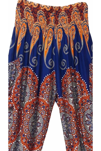 bőszárú, zsebes, jázmin, nadrág, gumis, derekú, kék, narancs, színes, levél, mandala, mintás, viszkóz, pamut, lezser, női divat, trend, bohém, elegáns, egyedi, különleges, szellős, kényelmes