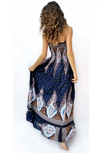 hosszú, ujjatlan, pávatoll, mintás, ruha, viszkóz, kék, barna, fehér, thai, szellős, női, divat, trend, webshop
