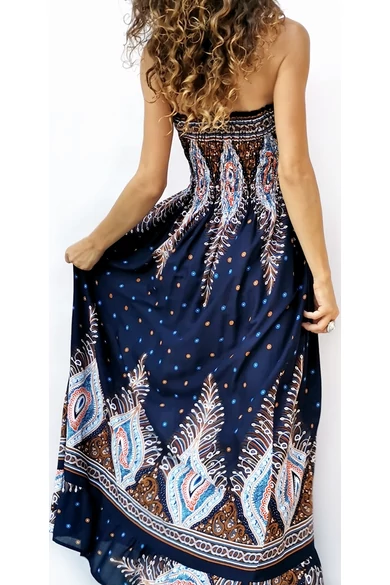 hosszú, ujjatlan, pávatoll, mintás, ruha, viszkóz, kék, barna, fehér, thai, szellős, női, divat, trend, webshop