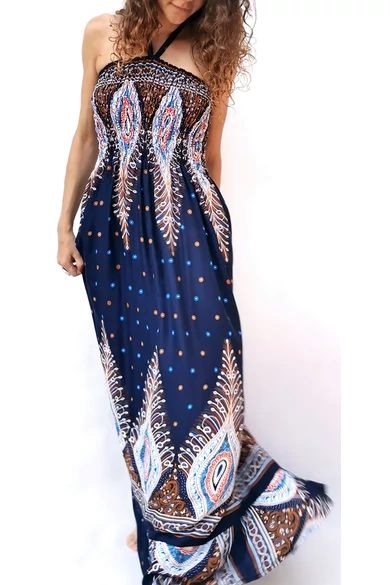 hosszú, ujjatlan, pávatoll, mintás, ruha, viszkóz, kék, barna, fehér, thai, szellős, női, divat, trend, webshop