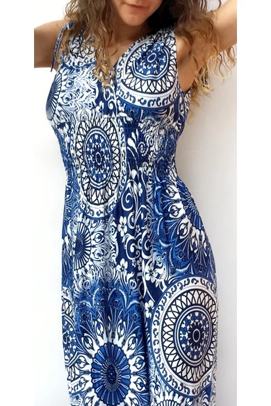ujjatlan, hosszú, maxi, ruha, karcsúsított, gumírozott, derekú, mandala, mintás, kék, fehér, nyári, ruha, Kína, romantikus, szellős, női, divat, trend, webshop