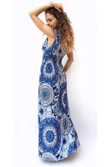 ujjatlan, hosszú, maxi, ruha, karcsúsított, gumírozott, derekú, mandala, mintás, kék, fehér, nyári, ruha, Kína, romantikus, szellős, női, divat, trend, webshop