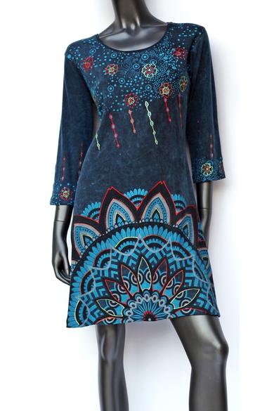 pamut, tunika, ruha, karcsúsított, mandala, mintás, kék, zöld, színes, háromnegyedes, ujjú, egyedi, különleges, női, divat, bohém, trend