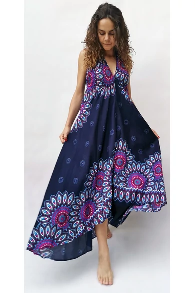 hosszú, ujjatlan, nyakpántos. virág, mintás, ruha, viszkóz, kék, pink, fehér, thai, szellős, női, divat, trend, webshop