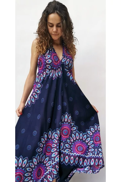 hosszú, ujjatlan, nyakpántos. virág, mintás, ruha, viszkóz, kék, pink, fehér, thai, szellős, női, divat, trend, webshop
