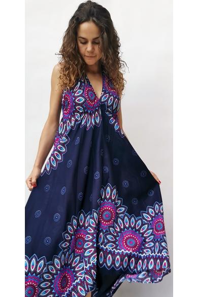 hosszú, ujjatlan, nyakpántos. virág, mintás, ruha, viszkóz, kék, pink, fehér, thai, szellős, női, divat, trend, webshop