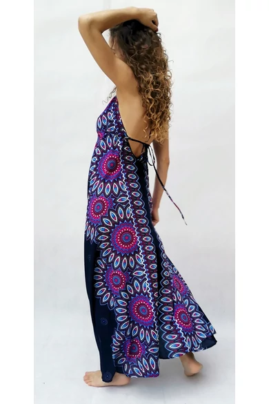 hosszú, ujjatlan, nyakpántos. virág, mintás, ruha, viszkóz, kék, pink, fehér, thai, szellős, női, divat, trend, webshop