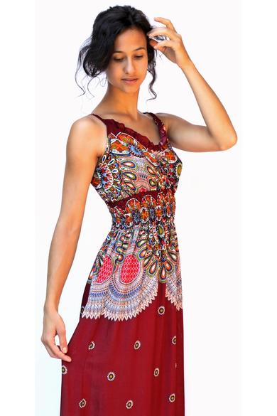 hosszú, ruha, spagetti pántos, színes, bordó, kék, türkiz, fehér, piros, mandala, mintás, trend, női, divat, egyedi, bohém, extravagáns, egzotikus 