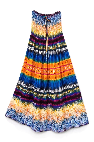 hosszú, ujjatlan, szivárványos, ruha, viszkóz, thai, szellős, élénk, női, divat, trend, webshop