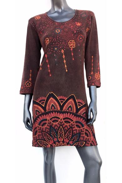 pamut, tunika, ruha, karcsúsított, mandala, mintás, bordó, narancs, háromnegyedes, ujjú, egyedi, különleges, női, divat, bohém, trend