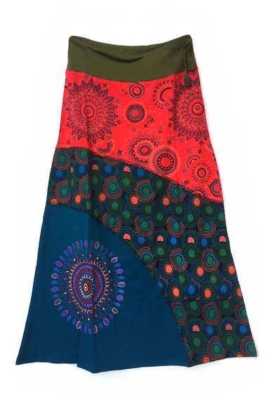 hosszú, pamut, szoknya, megkötővel, mandala, mintás, kék, narancs, zöld, fekete, trend, női, divat, egyedi, bohém, extravagáns, egzotikus, női, divat, trend