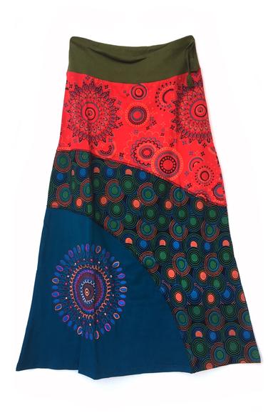 hosszú, pamut, szoknya, megkötővel, mandala, mintás, kék, narancs, zöld, fekete, trend, női, divat, egyedi, bohém, extravagáns, egzotikus, női, divat, trend