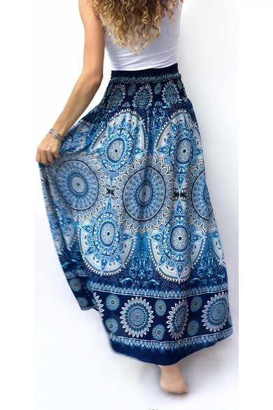 hosszú, szoknya, megkötővel, thai, kék, fehér, mandala, mintás, trend, női, divat, egyedi, bohém, extravagáns, egzotikus 