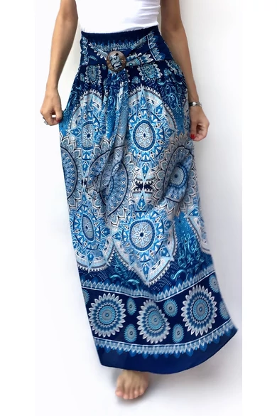 hosszú, szoknya, megkötővel, thai, kék, fehér, mandala, mintás, trend, női, divat, egyedi, bohém, extravagáns, egzotikus 