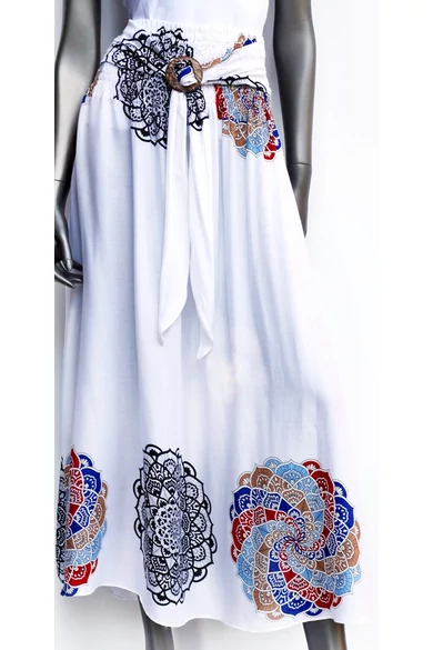 hosszú, szoknya, megkötővel, fehér, színes, kék, piros, mandala, virág, mintás, trend, női, divat, egyedi, bohém, extravagáns, egzotikus 