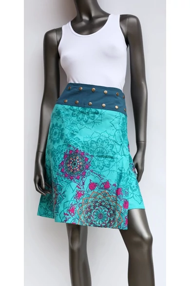 női, pamut, térd, szoknya, kék, türkiz, pink, lila, virágos, mandala, kétoldalas, pamutvászon, lapszoknya, trend, divat, egyedi, bohém, extravagáns, egzotikus, Nepál