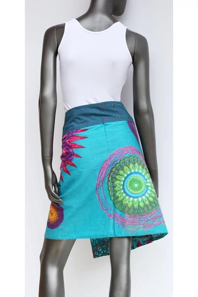 női, pamut, térd, szoknya, kék, türkiz, pink, lila, virágos, mandala, kétoldalas, pamutvászon, lapszoknya, trend, divat, egyedi, bohém, extravagáns, egzotikus, Nepál