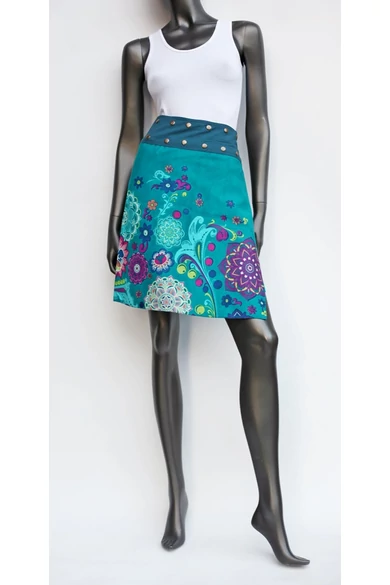 női, pamut, térd, szoknya, kék, türkiz, pink, lila, virágos, mandala, kétoldalas, pamutvászon, lapszoknya, trend, divat, egyedi, bohém, extravagáns, egzotikus, Nepál