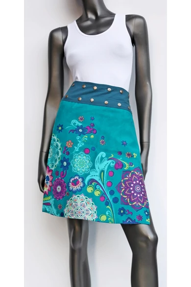 női, pamut, térd, szoknya, kék, türkiz, pink, lila, virágos, mandala, kétoldalas, pamutvászon, lapszoknya, trend, divat, egyedi, bohém, extravagáns, egzotikus, Nepál