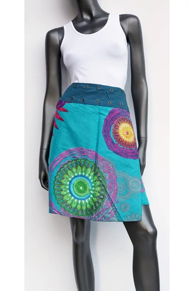 női, pamut, térd, szoknya, kék, türkiz, pink, lila, virágos, mandala, kétoldalas, pamutvászon, lapszoknya, trend, divat, egyedi, bohém, extravagáns, egzotikus, Nepál