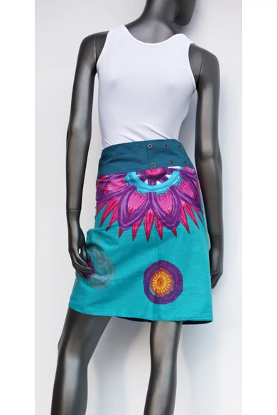 női, pamut, térd, szoknya, kék, türkiz, pink, lila, virágos, mandala, kétoldalas, pamutvászon, lapszoknya, trend, divat, egyedi, bohém, extravagáns, egzotikus, Nepál