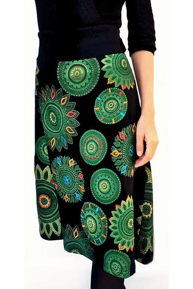 pamut, térdszoknya, fekete, zöld, mandala, mintás, trend, divat, egyedi, bohém, extravagáns, egzotikus, Nepál