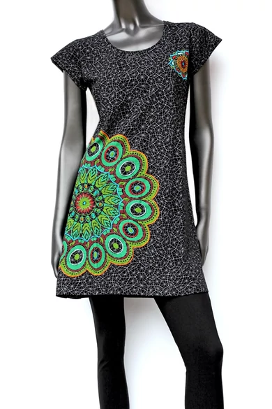 hímzett, mandala, mintás, pamut, ruha, tunika, fekete, piros, fekete, rövid, ujjú, egyedi, női, divat, bohém, trend, Nepál